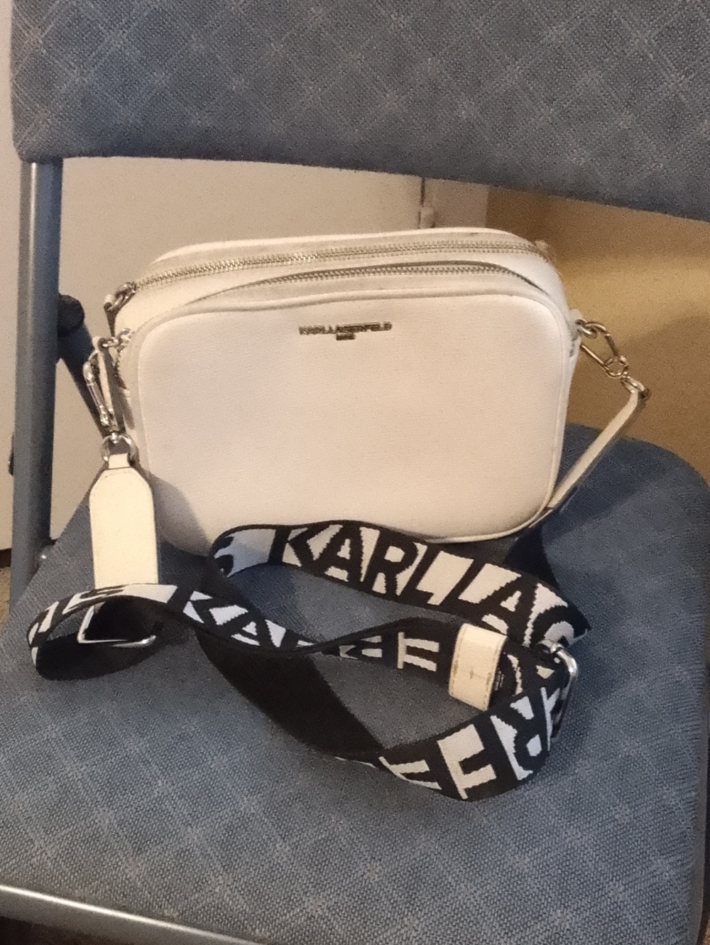 Karl Lagerfeld White Crossbody Camera Bag with Black & White Branded Strap